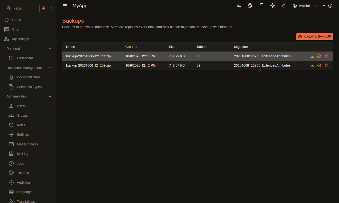 Backups page
