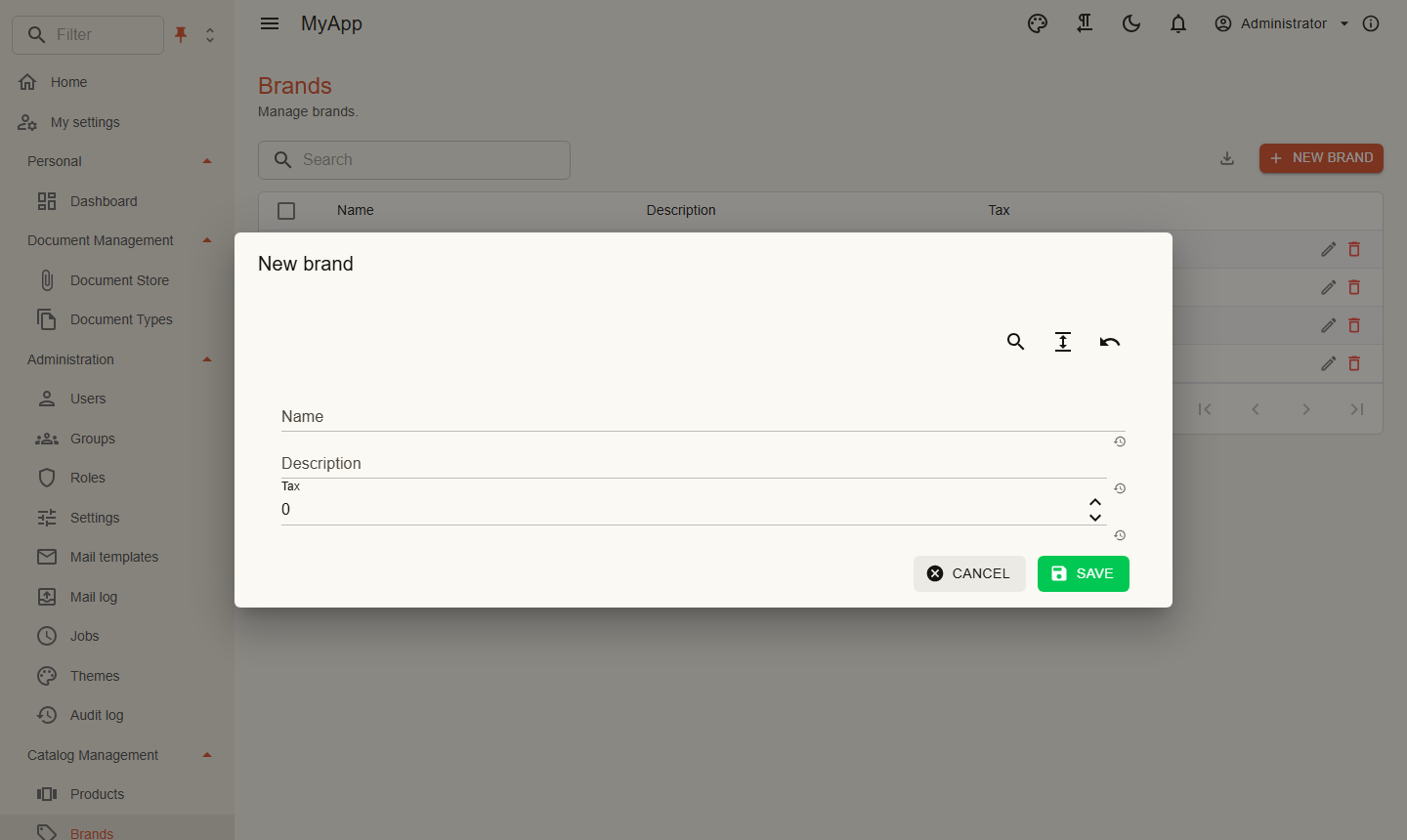 Brand dialog generated from the request