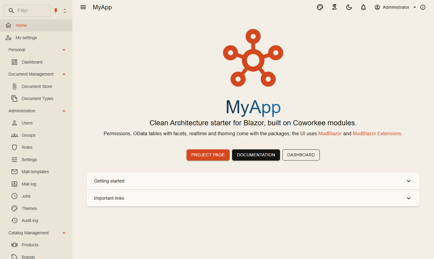 The home page of the demo app