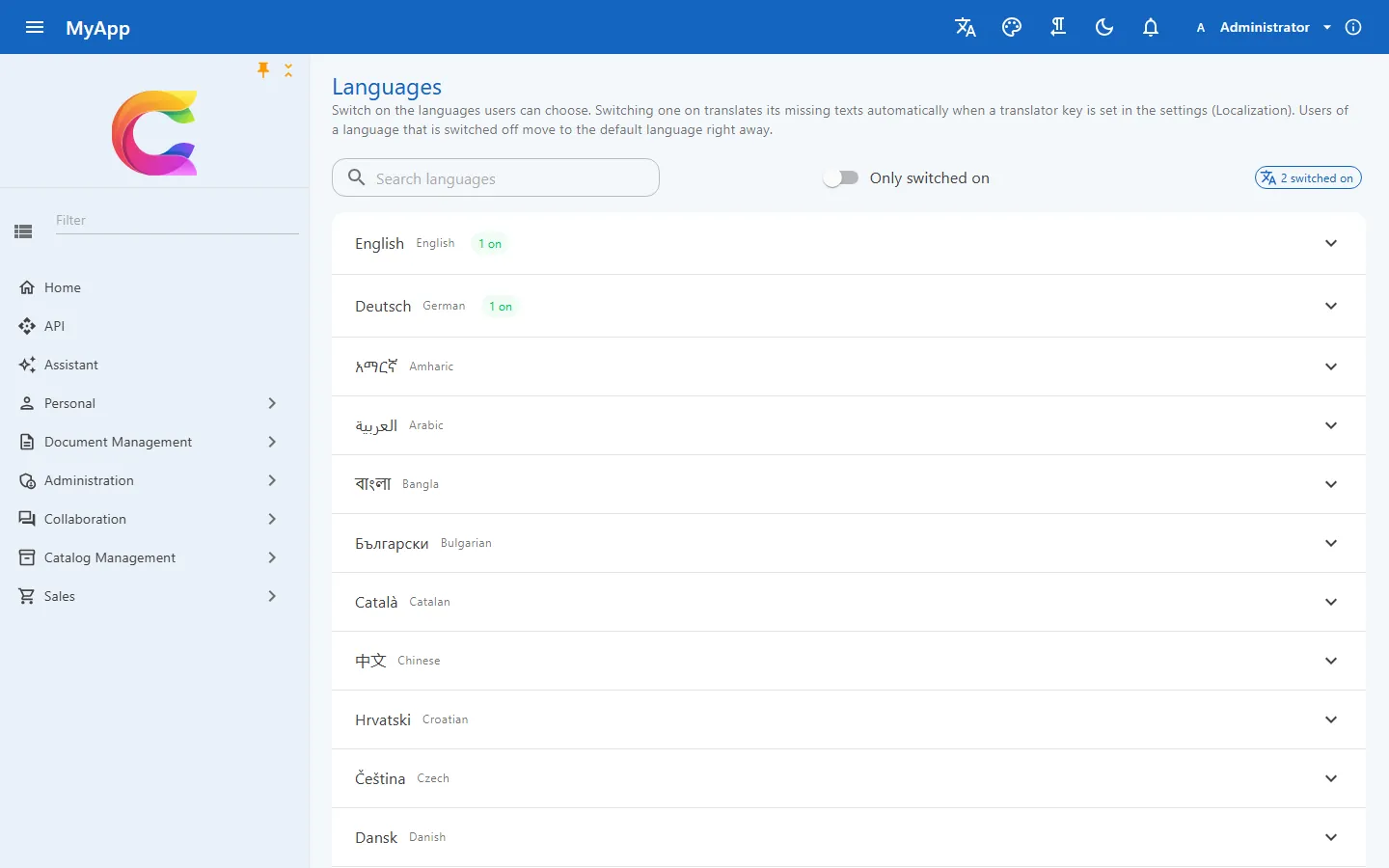 The Languages page with cultures grouped by language, each with a switch and the default marked with a star