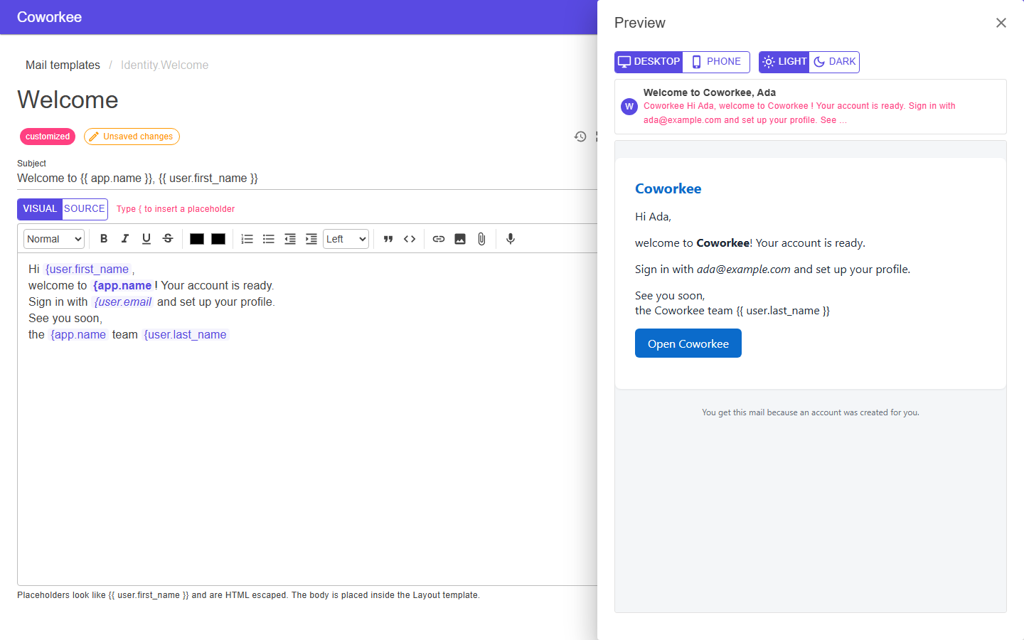 Template editor with the preview sheet