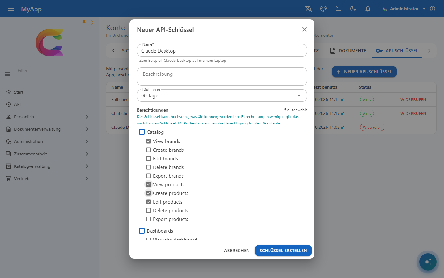 New API key with permissions picked from your own