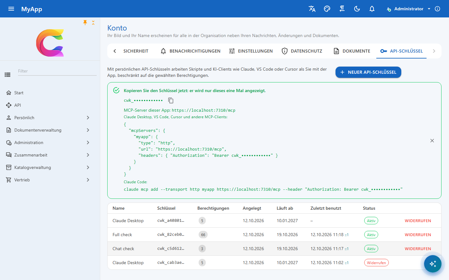 Account > API keys shows the MCP setup with the new key