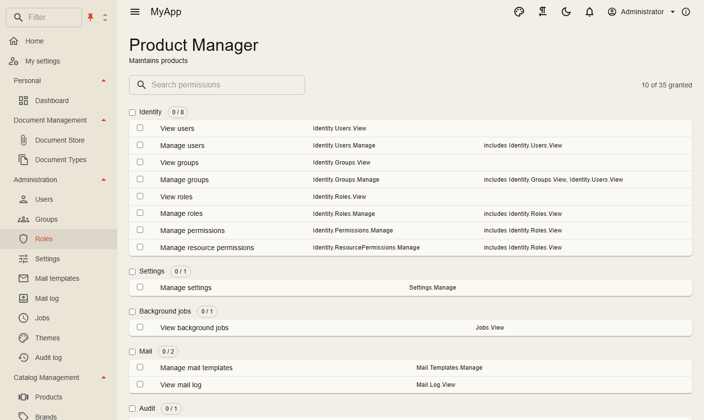 Role editor with the permission matrix