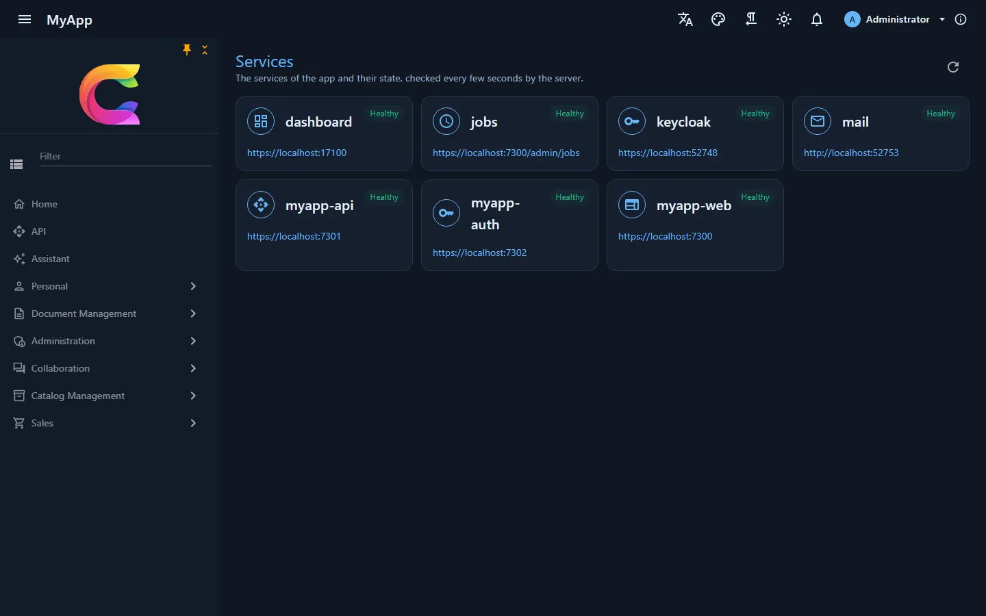 The Services admin page with tiles for each service, its address and whether it is running