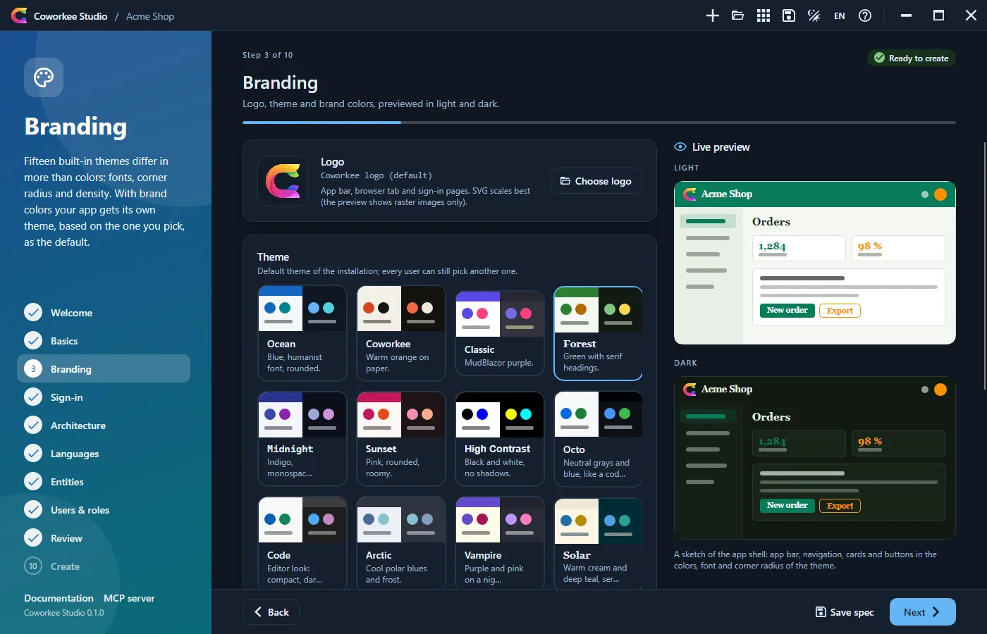 Logo, colors and one of twenty-one themes, previewed light and dark