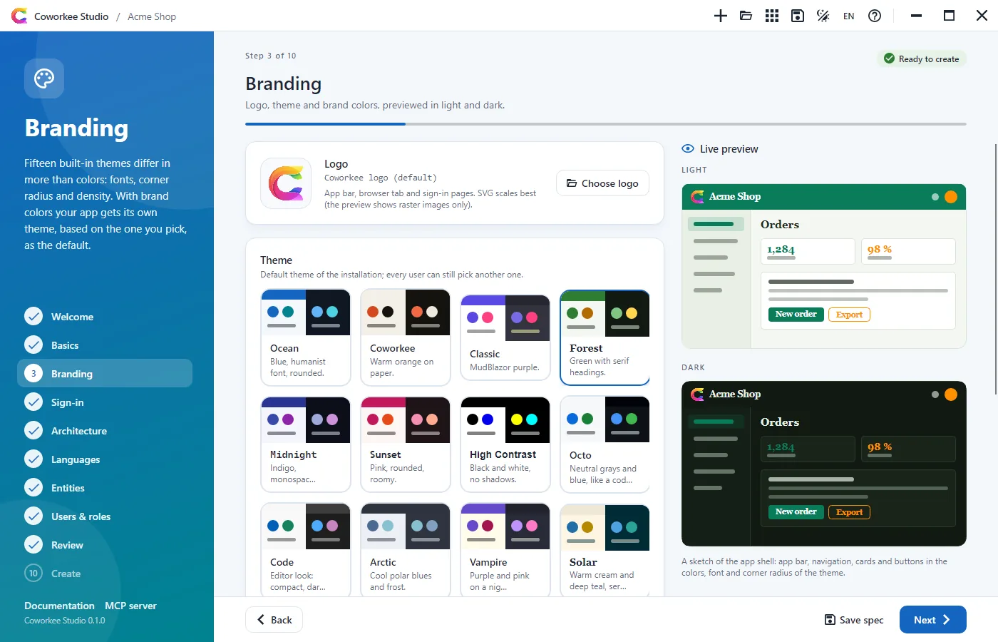 Logo, colors and one of twenty-one themes, previewed light and dark