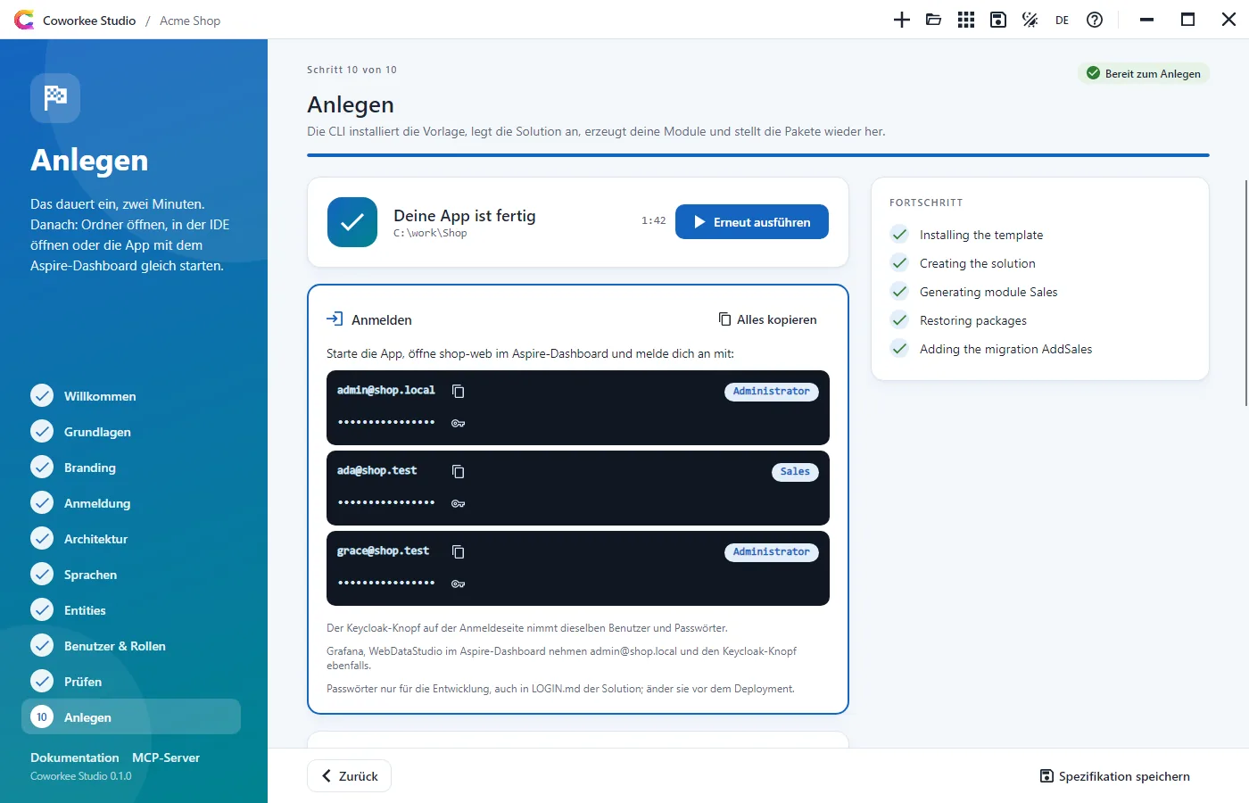 Coworkee Studio: die App wird angelegt