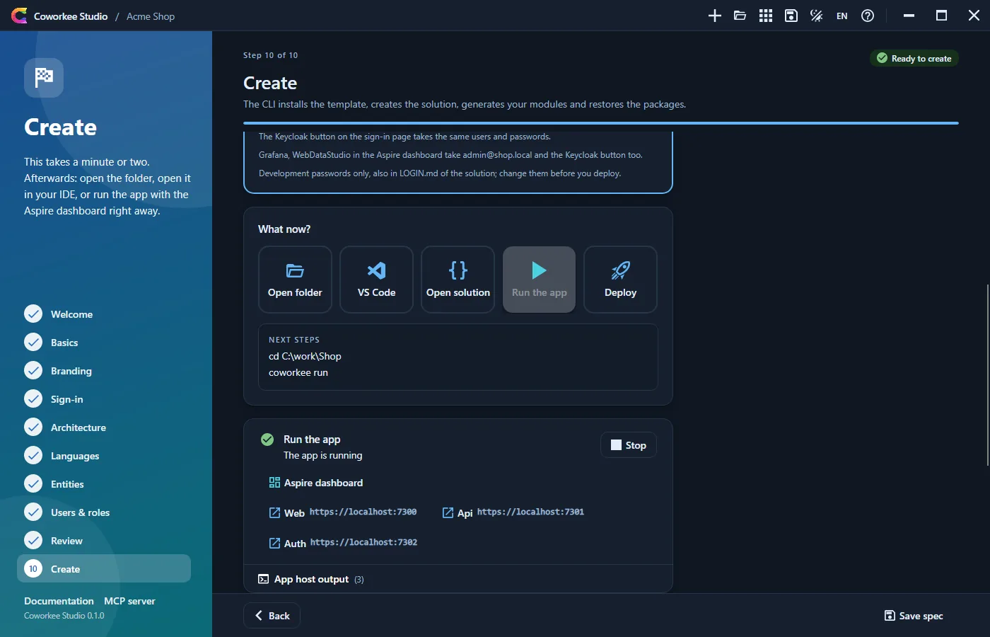 The app runs in the Aspire app host. Open the web client