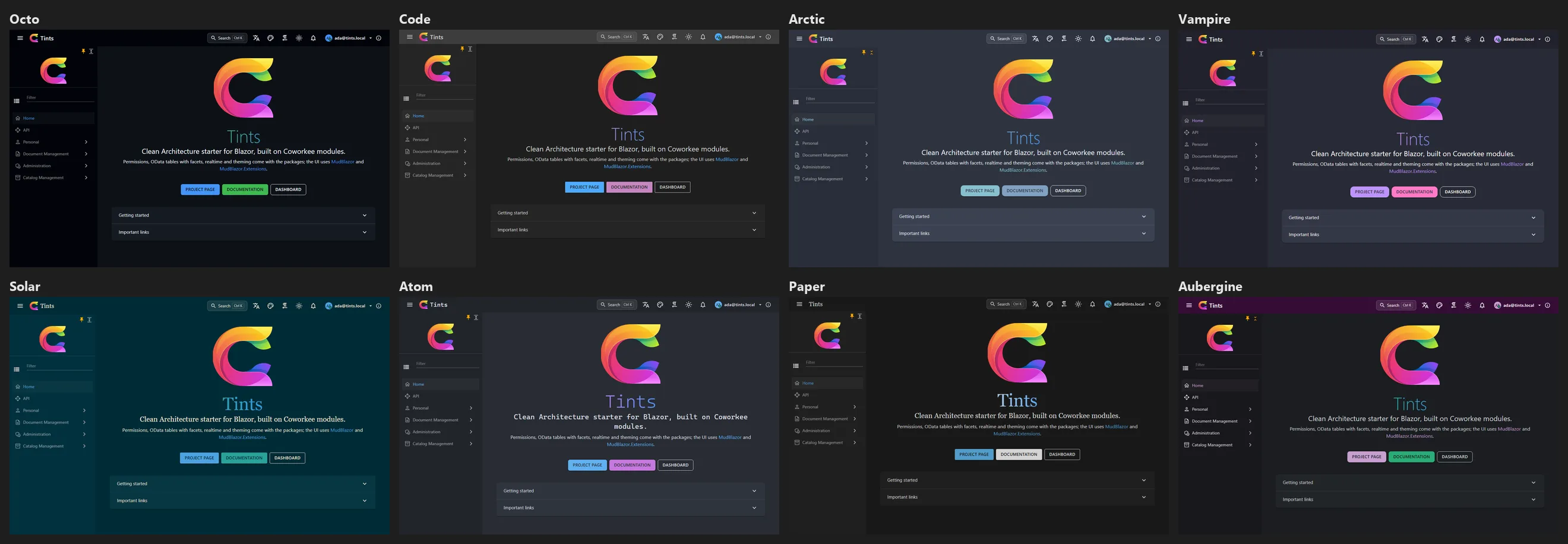 The eight newer built-in themes in dark mode