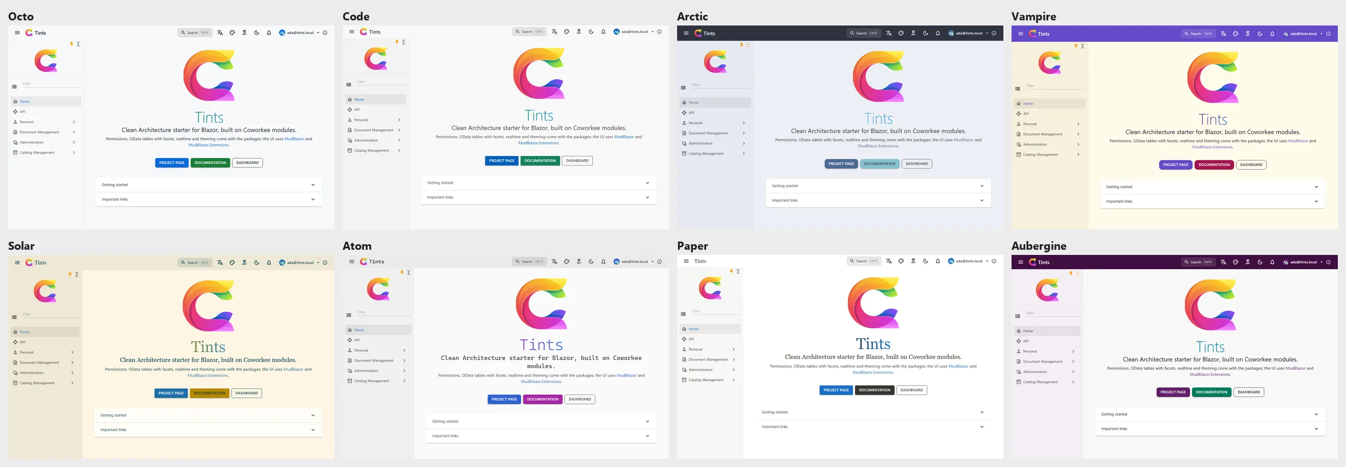The eight newer built-in themes in light mode