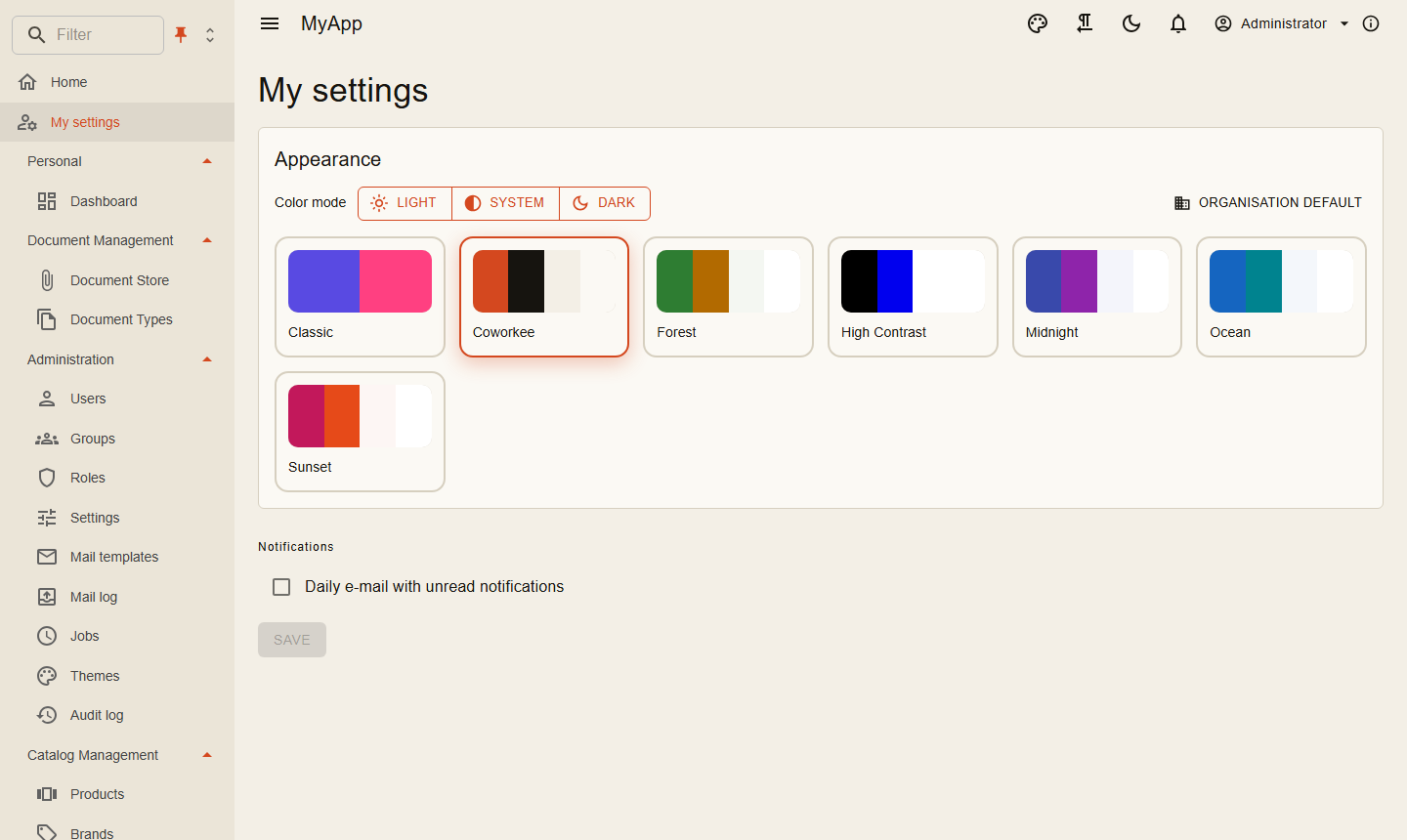 Theme selection in the user settings