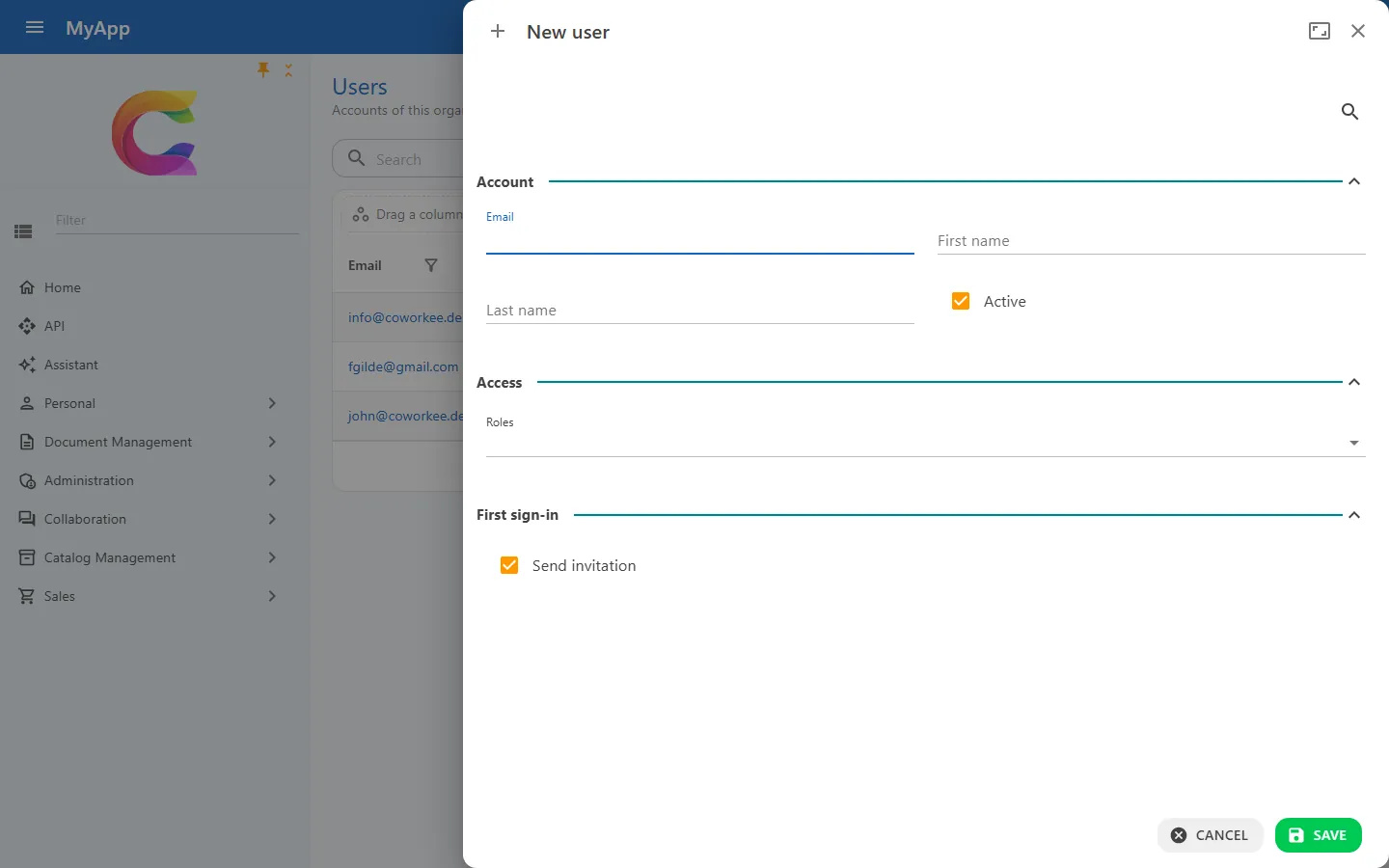 New user dialog